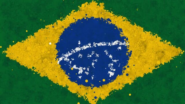 Colorful animation of the flag of Brazil, gradually emerging from a moving swirling cloud consisting of many colorful small particles. The particles rotate to form the national flag of Brazil.