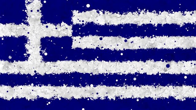 Colorful animation of the flag of Greece, gradually emerging from a moving swirling cloud consisting of many colorful small particles. The particles rotate, forming the national flag of Greece.