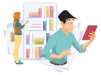 E-library abstract concept. Time to read. Teenagers reads book. Illustration for internet and mobile website.