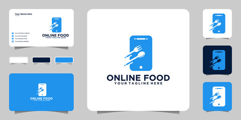 online food with mobile phone and cutlery concept logo and business card design