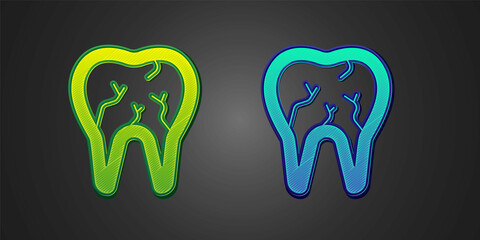 Green and blue Broken tooth icon isolated on black background. Dental problem icon. Dental care symbol. Vector