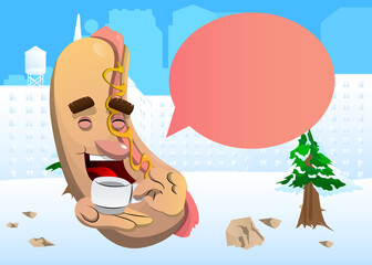 Hot Dog holding a cup of coffee. American fast food as a cartoon character with face.