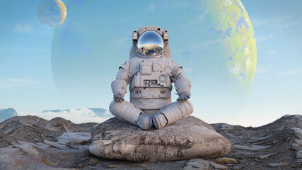 astronaut meditating on the surface of an alien planet © dottedyeti