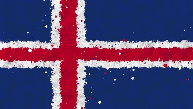 Colorful animation of the flag of Iceland, gradually emerging from a moving swirling cloud consisting of many colorful small particles. The particles rotate to form the national flag of Iceland.