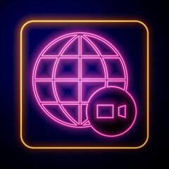 Glowing neon Video chat conference icon isolated on black background. Online meeting work form home. Remote project management. Vector
