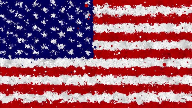 Animation of the flag of the United States of America, gradually emerging from a moving swirling cloud consisting of many colorful small particles. The particles are moving forming a USA flag of them.