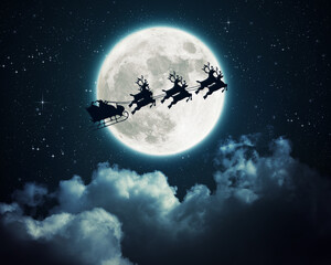 Fototapeta na wymiar Santa Claus in a sleigh flying over the moon in the night