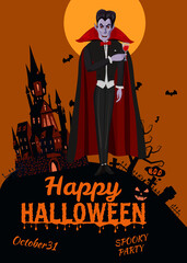 Fototapeta na wymiar Happy Halloween Dracula invites to party on cemetery, crosses, graves, scary pumpkins, moon, dark abandoned mansion night, silhouettes of flying bats. Vector illustration cartoon style poster