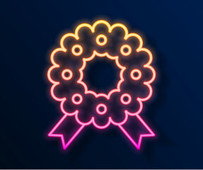 Glowing neon line Christmas wreath icon isolated on black background. Merry Christmas and Happy New Year. Vector