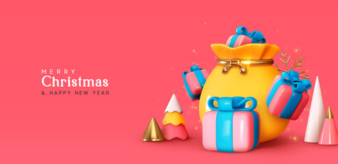 Merry Christmas and Happy New Year background. Christmas presents, pink gift boxes in yellow bag, Xmas gift surprise. Realistic 3d design festive composition. Holiday banner, web poster, greeting card