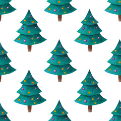 Funny Christmas tree. Watercolor. Seamless pattern on white background