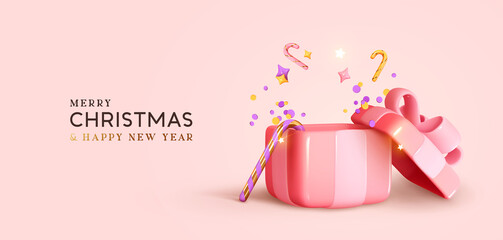 Pink Open gift box realistic 3d design. Christmas and New Year's surprise. Present box for birthday. Xmas Gift boxes template. Soft pastel colors. Holiday banner, web poster, greeting card. Vector
