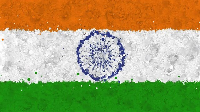 Colorful animation of the flag of India, gradually emerging from a moving swirling cloud consisting of many colorful small particles. The particles rotate to form the national flag of India.
