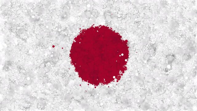 Colorful animation of the flag of Japan, gradually emerging from a moving swirling cloud consisting of many colorful small particles. The particles rotate to form the national flag of Japan.