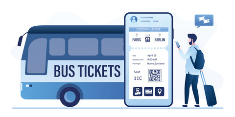 Mobile application for buying tickets online. Male user booking bus tickets digital. Bus, passenger and cell phone with app. Public transport, intercity transportation. © naum