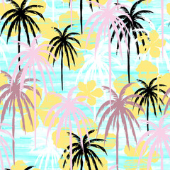 Fototapeta na wymiar Palm trees on a light blue background. Rain forest tropical seamless pattern. Summer tropic beach background