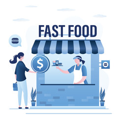 Local small business. Woman seller holds fast food. Girl customer pay money for purchase. Cafe or restaurant building. Takeaway unhealthy food. Cash payment.