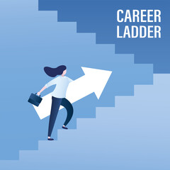 Career progress. Successful businesswoman holding an arrow sign, rising up the stairs. Female employee climb the career ladder. Business planning concept. Motivation banner.