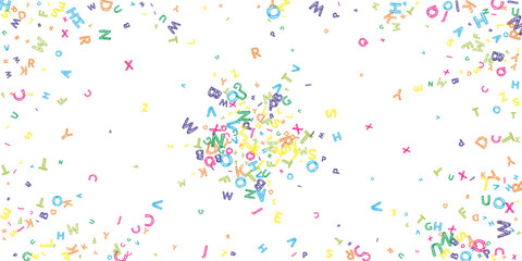 Falling letters of English language. Colorful messy sketch flying words of Latin alphabet. Foreign languages study concept. Alive back to school banner on white background.