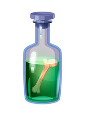 Bottle magic potion with bone. Game icon asset, glass, liquid elixir, poisine, flask, Vector illustration cartoon for game, app UI