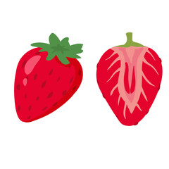 Strawberry whole and half cut natural healthy organic nutrition product. Vector doodle cartoon flat trendy illustration hand drawn isolated