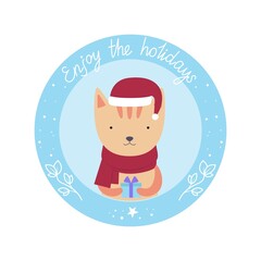 Round card with a cute cat in a hat and a scarf with the text 