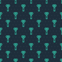 Green line Shaving razor icon isolated seamless pattern on blue background. Vector
