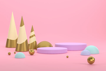 Golden Christmas tree and podium for displaying products at the Christmas festival.