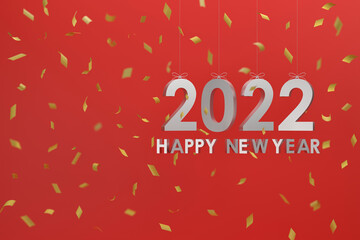 silver 2022 hanging with a rope Concept Happy New Year and Christmas. red blackground