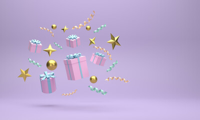 Gift boxes and golden balls Christmas celebrations on a blue background.