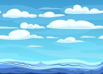 Seascape. Skyline of the blue sea. Illustration in cartoon style. Wind and big waves. Vector.