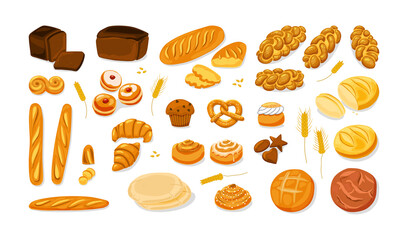 Bread. Various bakery pastry products - rye, wheat and whole grain bread, french baguette, croissant, bagel, roll, toast bread slices, donut, bun,kanelbulle, chalah. Vector cartoon icon set. Vector