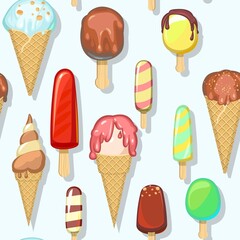 Ice cream pattern seamless. Background illustration. Wallpaper print. In waffle glasses and cones. Popsicle on sticks. Summer food sweet dessert. Flat design. Vector.