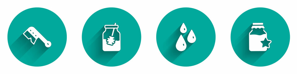 Set Beekeeping brush, Jar of honey and dipper stick, Drops and icon with long shadow. Vector