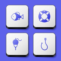 Set Fish, Lifebuoy, Fishing float and hook icon. White square button. Vector