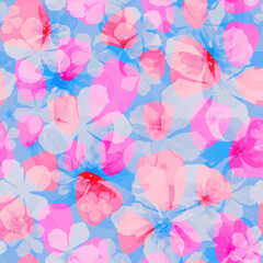 Fototapeta na wymiar Pink neon petals and abstract blue flowers seamless floral pattern. 