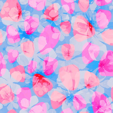 Pink neon petals and abstract blue flowers seamless floral pattern. 
