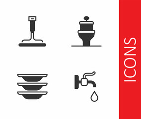 Set Water tap, Rubber cleaner for windows, Washing dishes and Toilet bowl icon. Vector