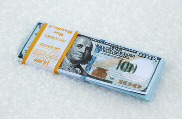 One Hundred Dollars lie in the snow.