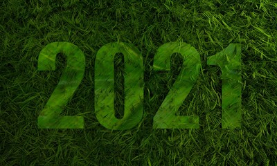 Green 2021 year number with 3d green grass
