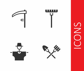 Obraz premium Set Shovel and rake, Scythe, Scarecrow and Garden icon. Vector