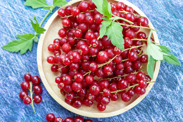 Table top view bunch of red currant in wooden plate, Red currant berries with leaf on a blue wooden table.