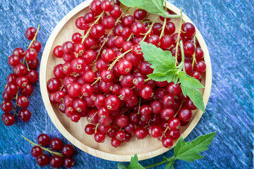Table top view bunch of red currant in wooden plate, Red currant berries with leaf on a blue wooden table.