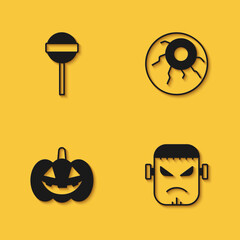 Set Lollipop, Frankenstein face, Pumpkin and Eye icon with long shadow. Vector