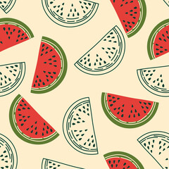 Seamless pattern with slices of watermelon. Simple vector flat illustration with fruits on a beige background