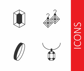 Set Pendant on necklace, Gem stone, Wedding ring and Earrings icon. Vector