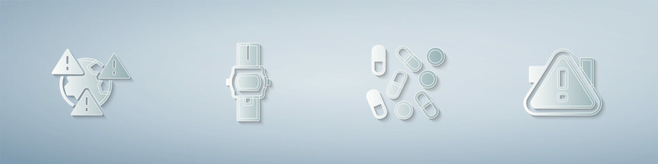 Set Earth with exclamation mark, Wrist watch, Medical pill biohacking and Exclamation triangle. Paper art style. Vector