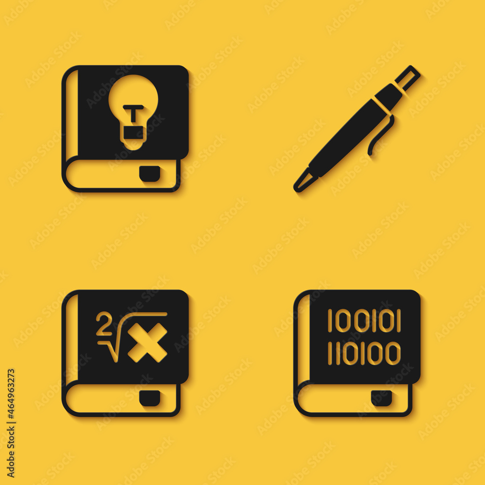 Poster set user manual, books about programming, with mathematics and pen icon with long shadow. vector