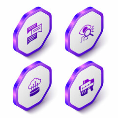 Set Isometric Speech bubble chat, Eye scan, Network cloud connection and Futuristic weapon icon. Purple hexagon button. Vector