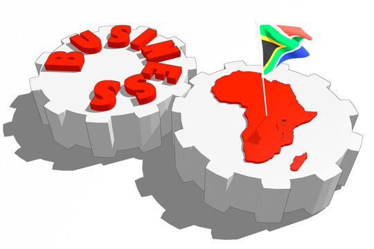 Business word and map of Africa on gears. Waved flag of South Africa